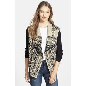 Lucky Brand Women Black / Beige Waterfall Wrap Open Cardigan Sweater Size Large